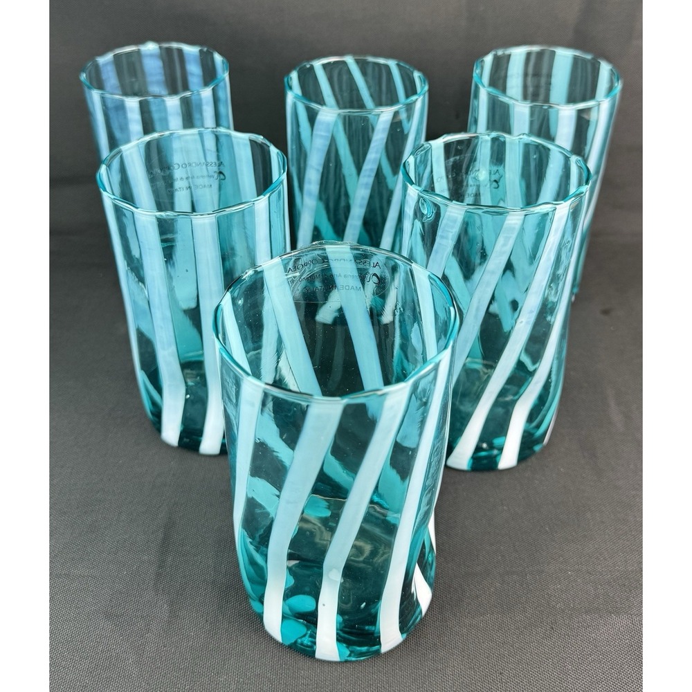 Set of 6 Alessandro Coppola Murano Glass Tumblers Teal Swirl Indents Italy NEW